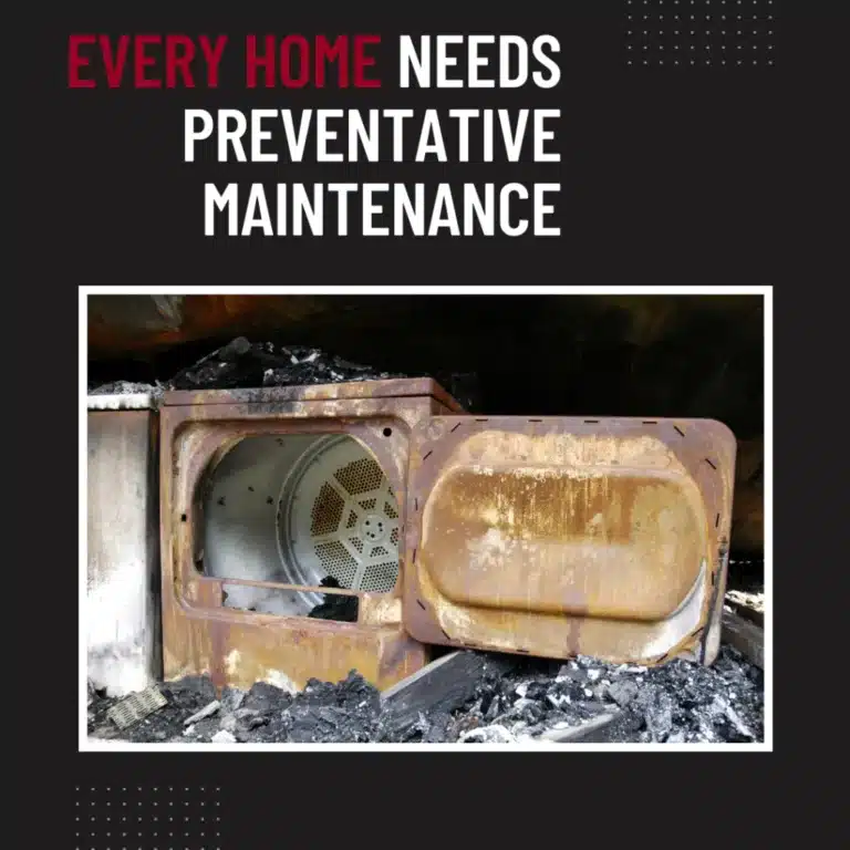 A burned and damaged dryer surrounded by debris, illustrating the need for preventative maintenance in homes.
