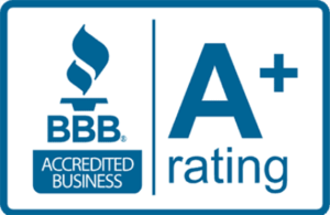 BBB Accredited Business logo with an A+ rating displayed in blue and white.