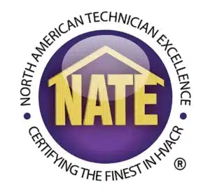 NATE logo with a purple circle, gold house roof and “NATE” text, surrounded by “North American Technician Excellence Certifying the Finest in HVACR.”.