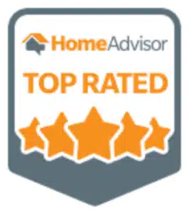 HomeAdvisor Top Rated badge featuring five orange stars below the words "HomeAdvisor TOP RATED" on a gray and white shield-shaped background.