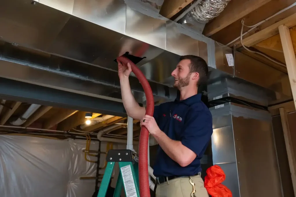 Air Temp tech performing an air duct cleaning service