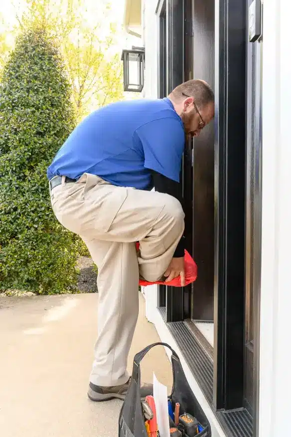 HVAC tech putting booties on his shoes before entering a residence