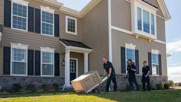 Air Temp HVAC tech bringing a new HVAC appliance into a residential house