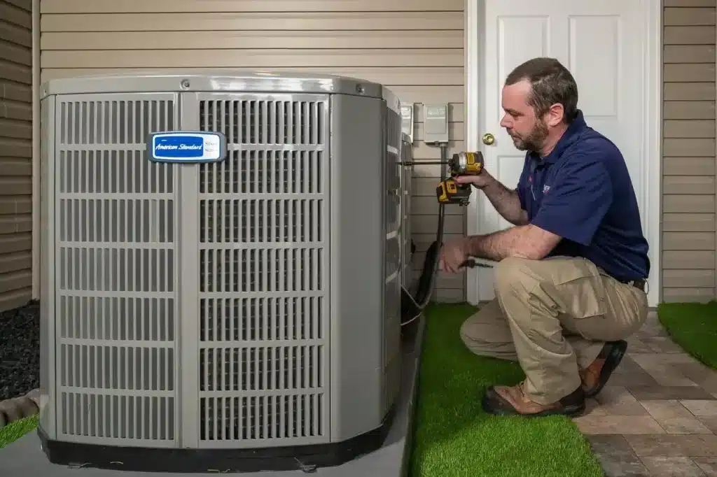 Air Temp tech working on a heat pump