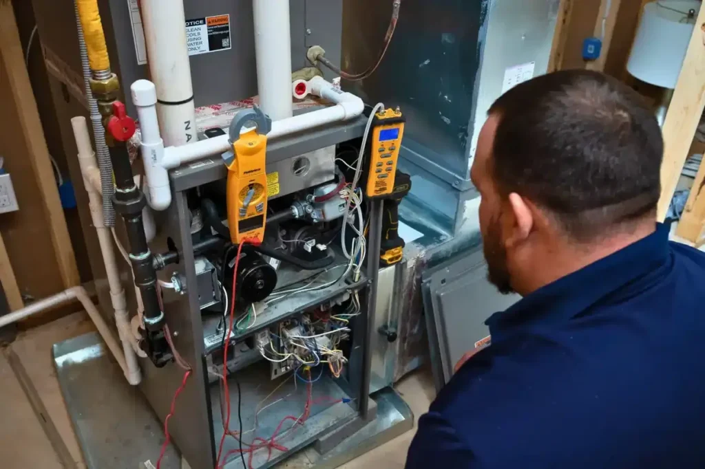 Repair technician looking at a furnace