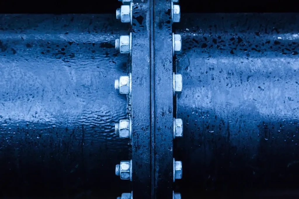 Close-up of a large, wet metal pipe with bolts securing a central flange, viewed from above and illuminated with blue-toned lighting—a glimpse into modern Trenchless Sewer Line Installation techniques.